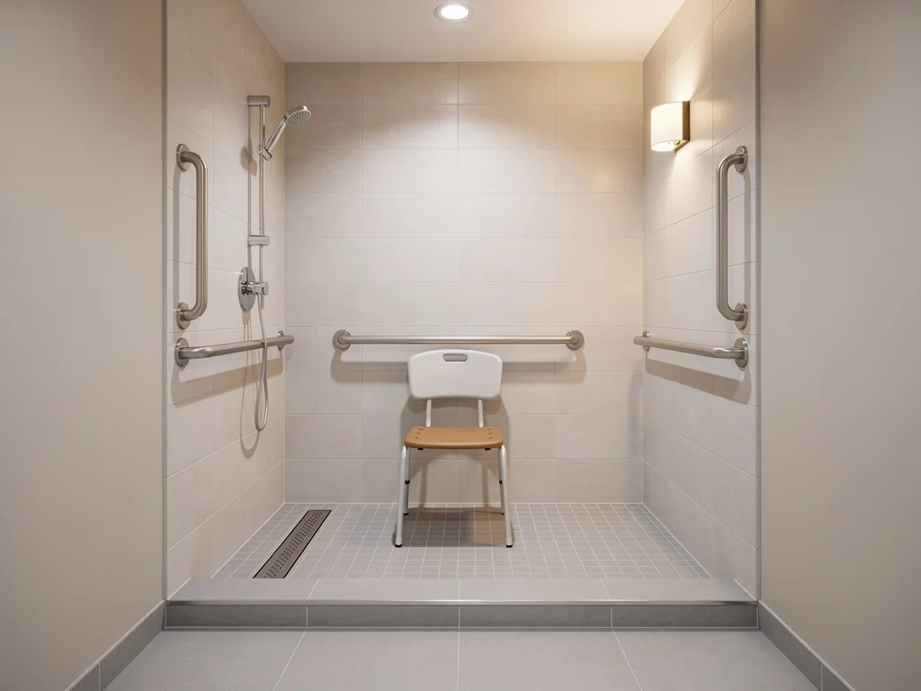 Salle de bain senior équipée de barres d'appui et d'un siège de douche rabattable