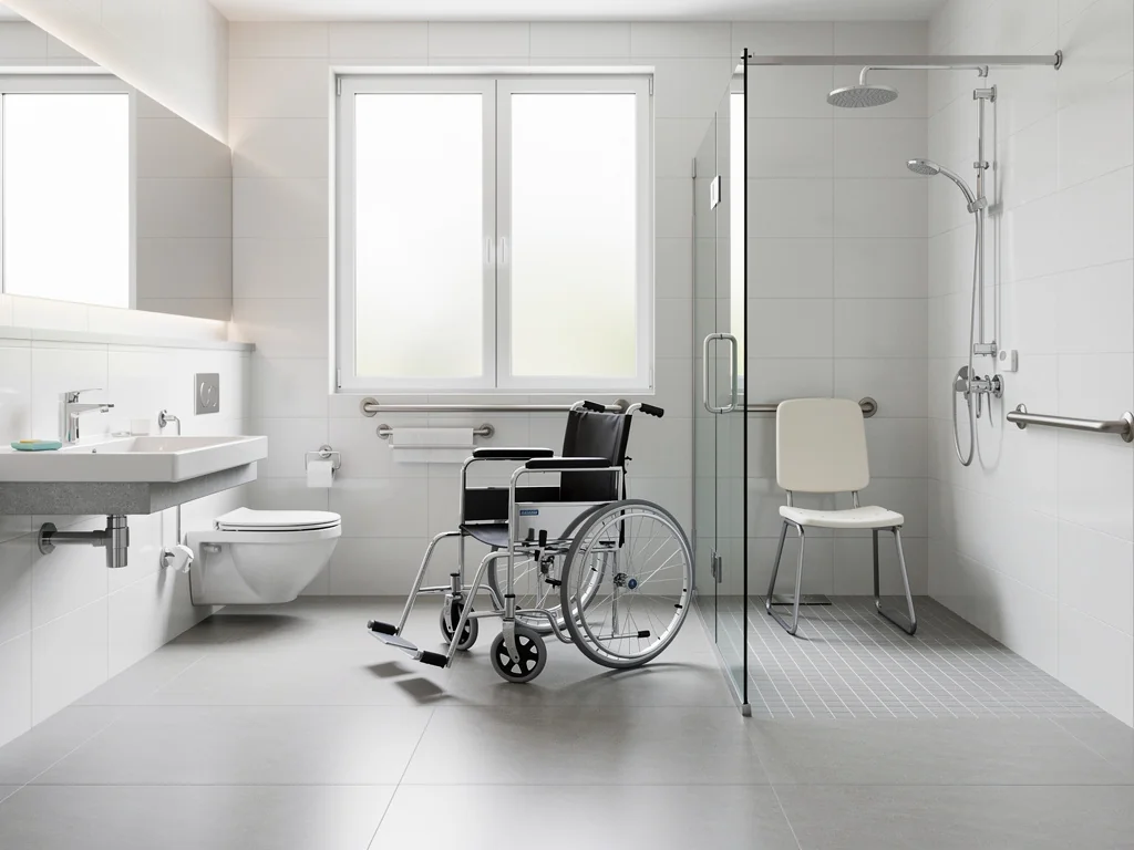 Salle de bain adaptée au fauteuil roulant, lumineuse et sans ressaut