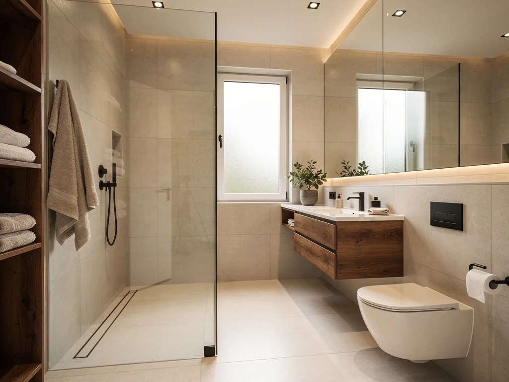 Salle de bain rénovée avec douche accessible de plain-pied et finitions modernes